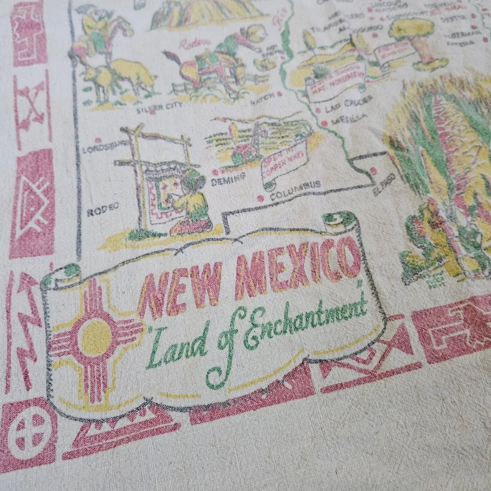 Vintage 40s Large Linen Kitchen Tea Towel New Mexico Souvenir Tourist Map 37x30